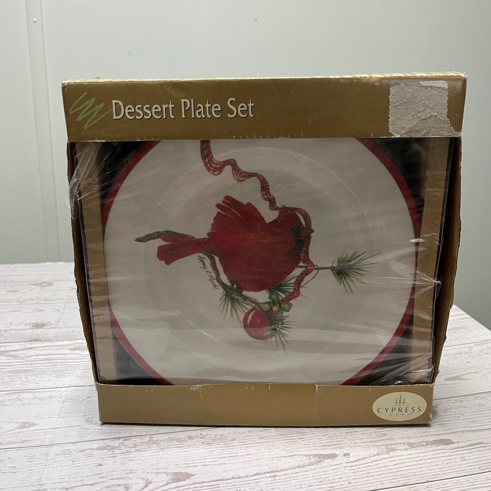 Cypress Home A Peaceful Christmas Dessert‎ Plate Set 4 Nancy E Mink Birds 8in